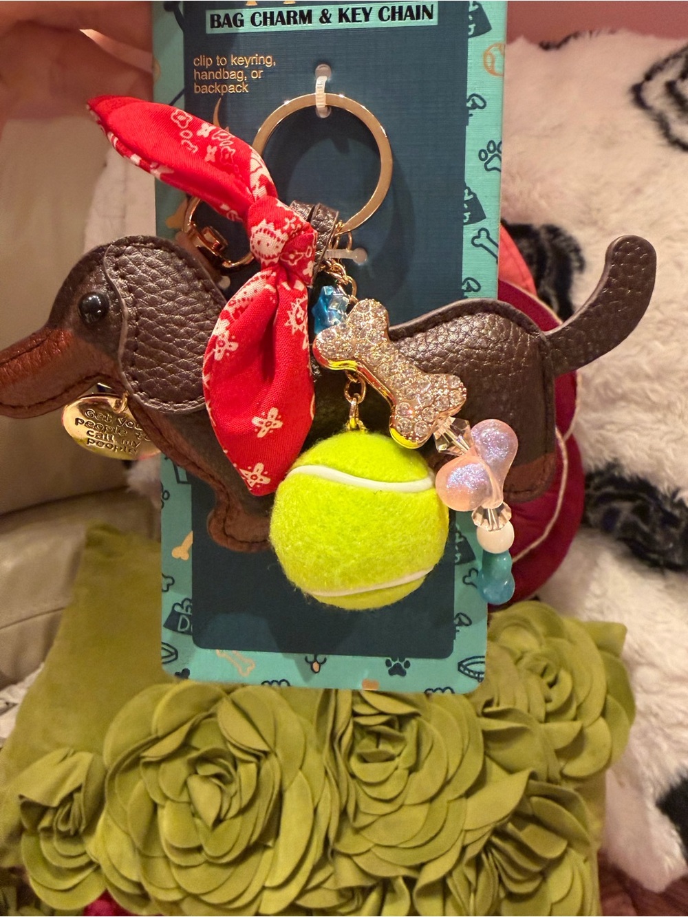 Piper Brown Dachshund Bag Charm Key Chain with Yellow Tennis Ball - Picture 4 of 4